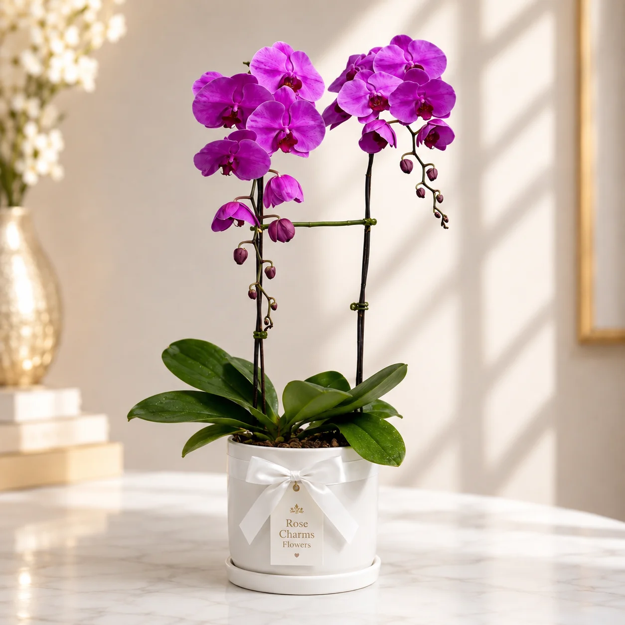 Double Stem Purple Phalaenopsis Orchid Plant in Stylish Pot